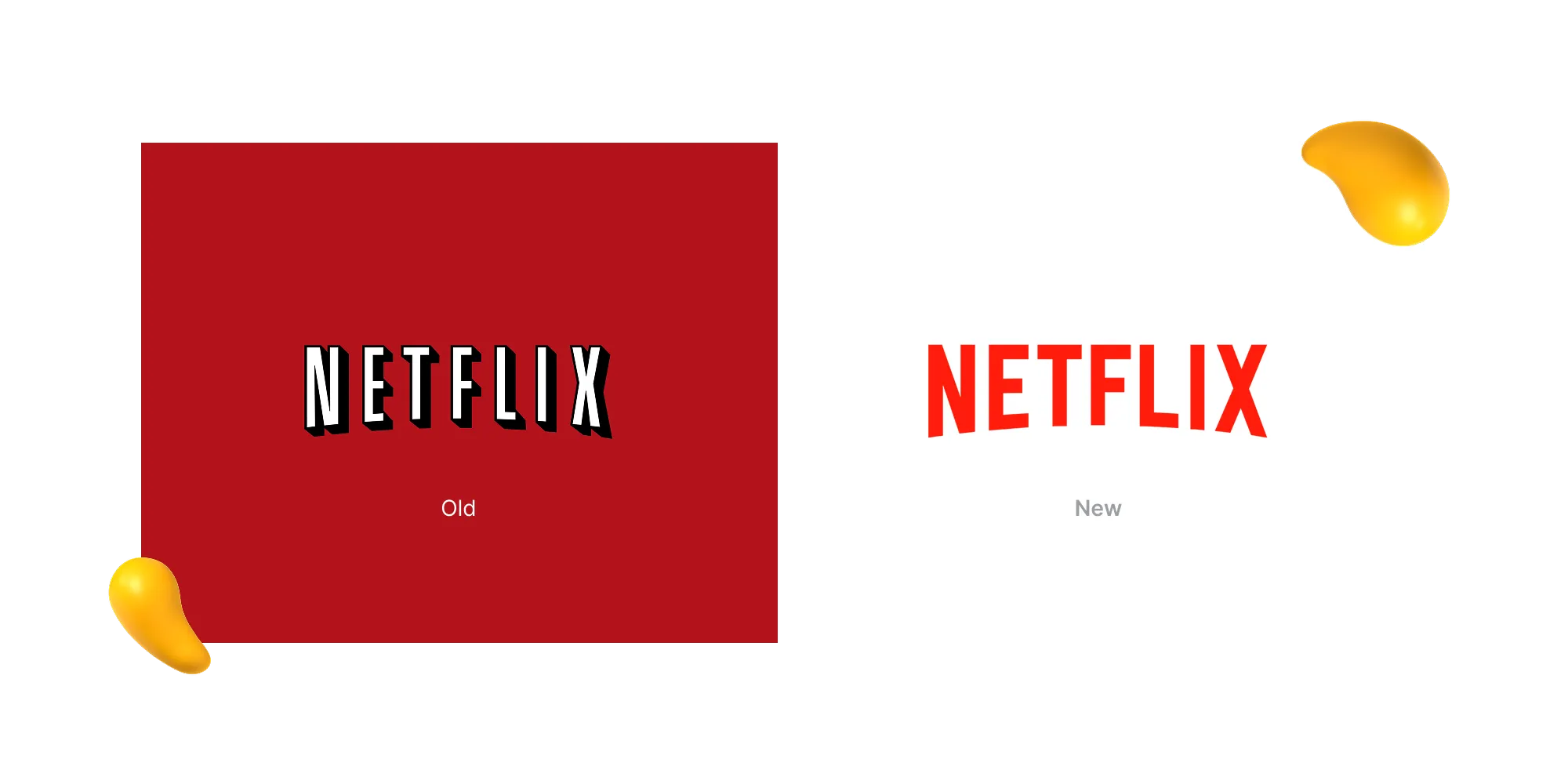 Side-by-side comparison of Netflix’s old shadowed wordmark on a red background and the new flat red wordmark with a subtle curve.