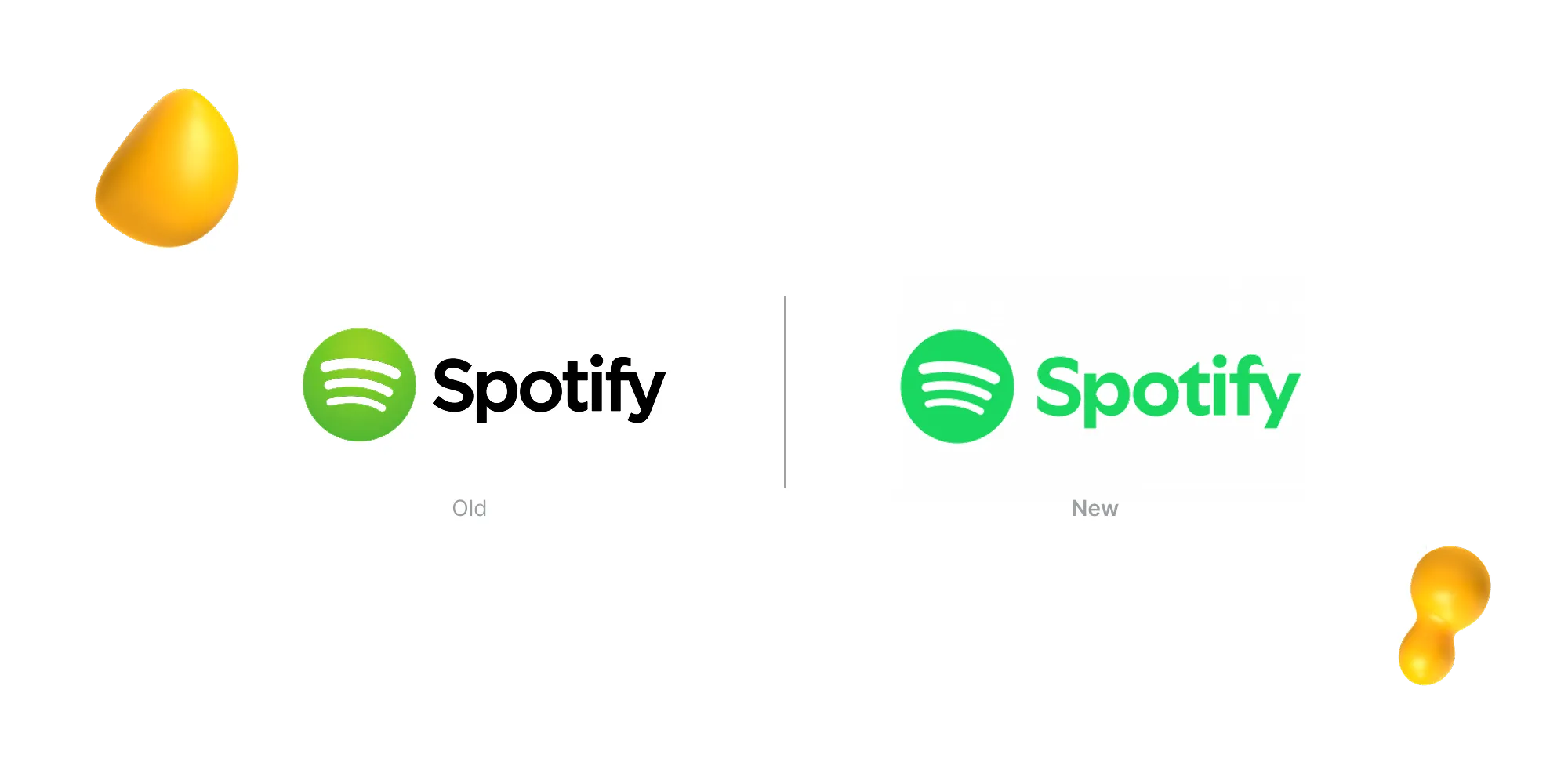Side-by-side comparison of Spotify’s old black text with green circle logo and the new brighter green logo with updated typography.