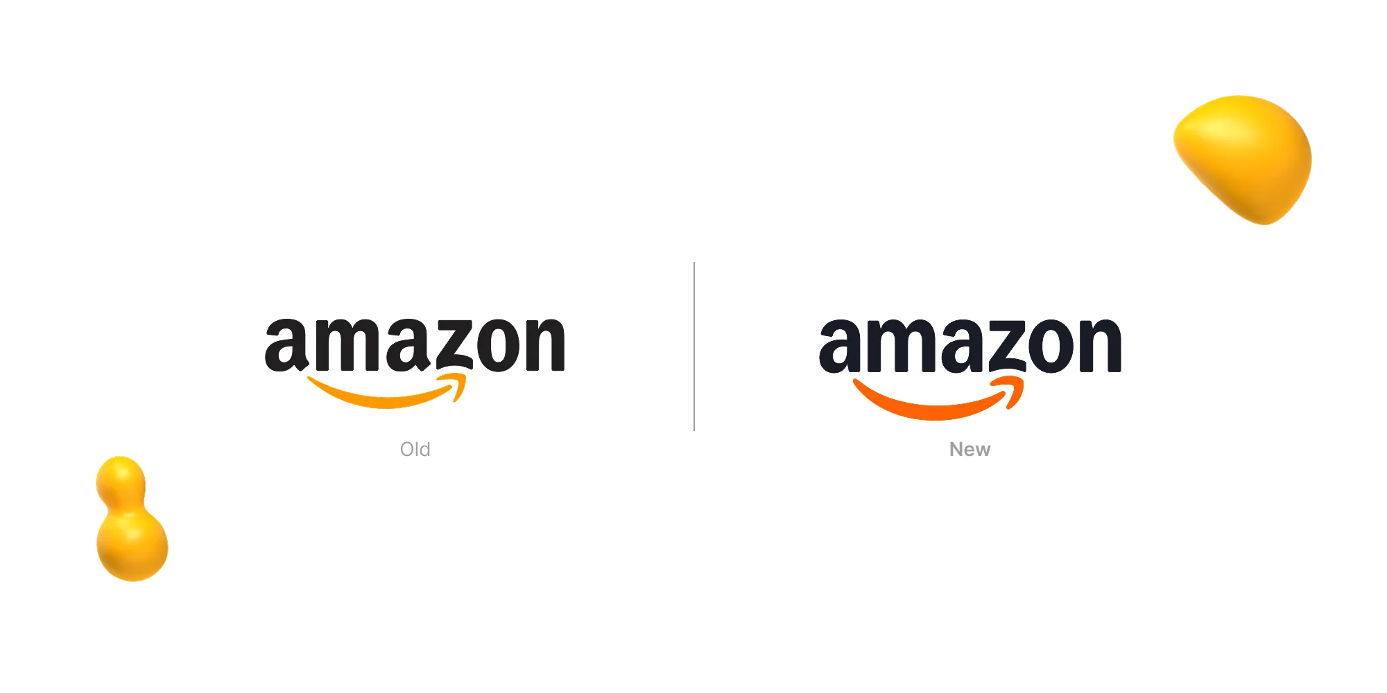 Side-by-side comparison of Amazon’s old and new logos, both featuring lowercase text with the yellow smile arrow, updated with darker, bolder typography.