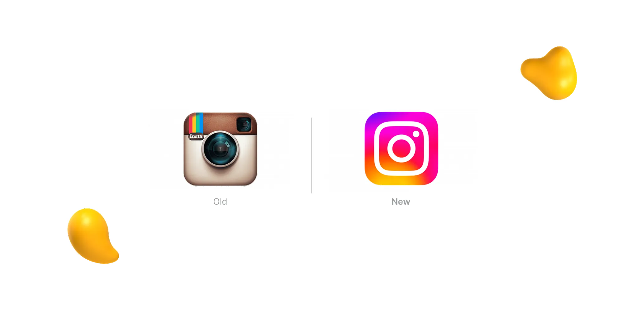 Side-by-side comparison of Instagram’s old skeuomorphic camera icon and the new flat gradient square logo with a white outline camera.