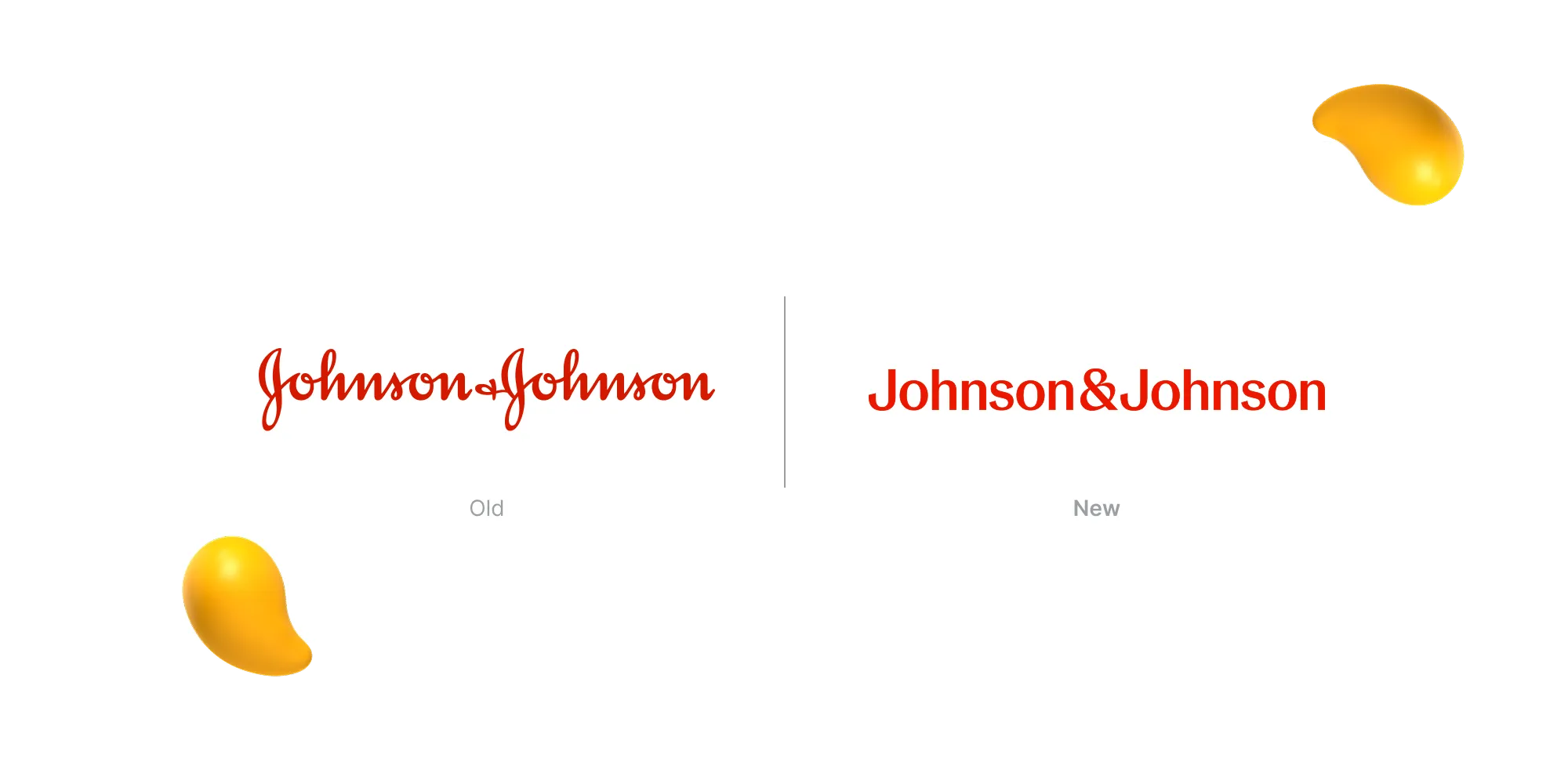 Side-by-side comparison of Johnson & Johnson’s old cursive script logo and the new bold sans-serif wordmark in red.