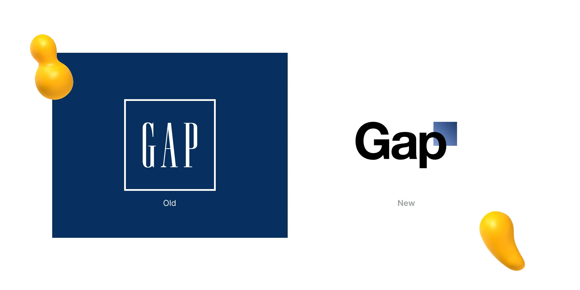 Gap logo redesign showing old serif logo in blue box versus new modern sans-serif logo with small blue square