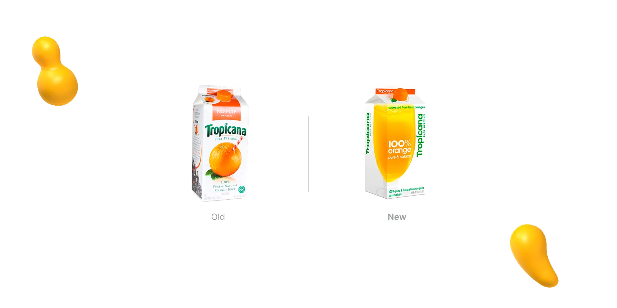 Tropicana packaging redesign showing old carton with orange and straw versus new minimalist design with large orange juice image