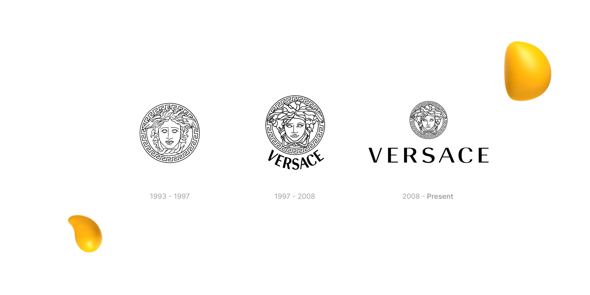 Versace logo evolution from 1993 Medusa emblem to 2008 present simplified Medusa with bold wordmark