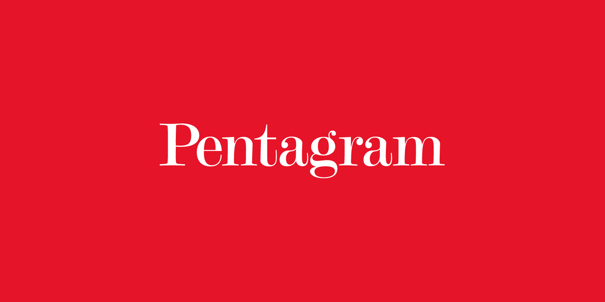 Pentagram logo in white serif text on a red background.