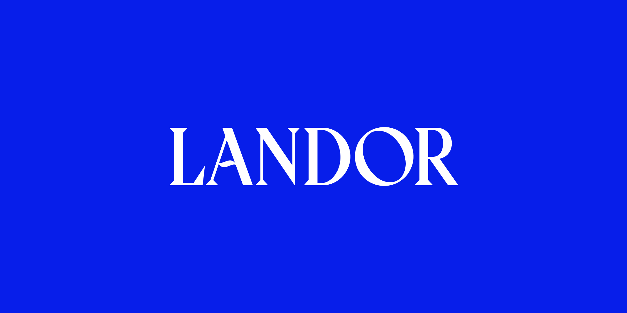 Landor logo in white serif text on a blue background.