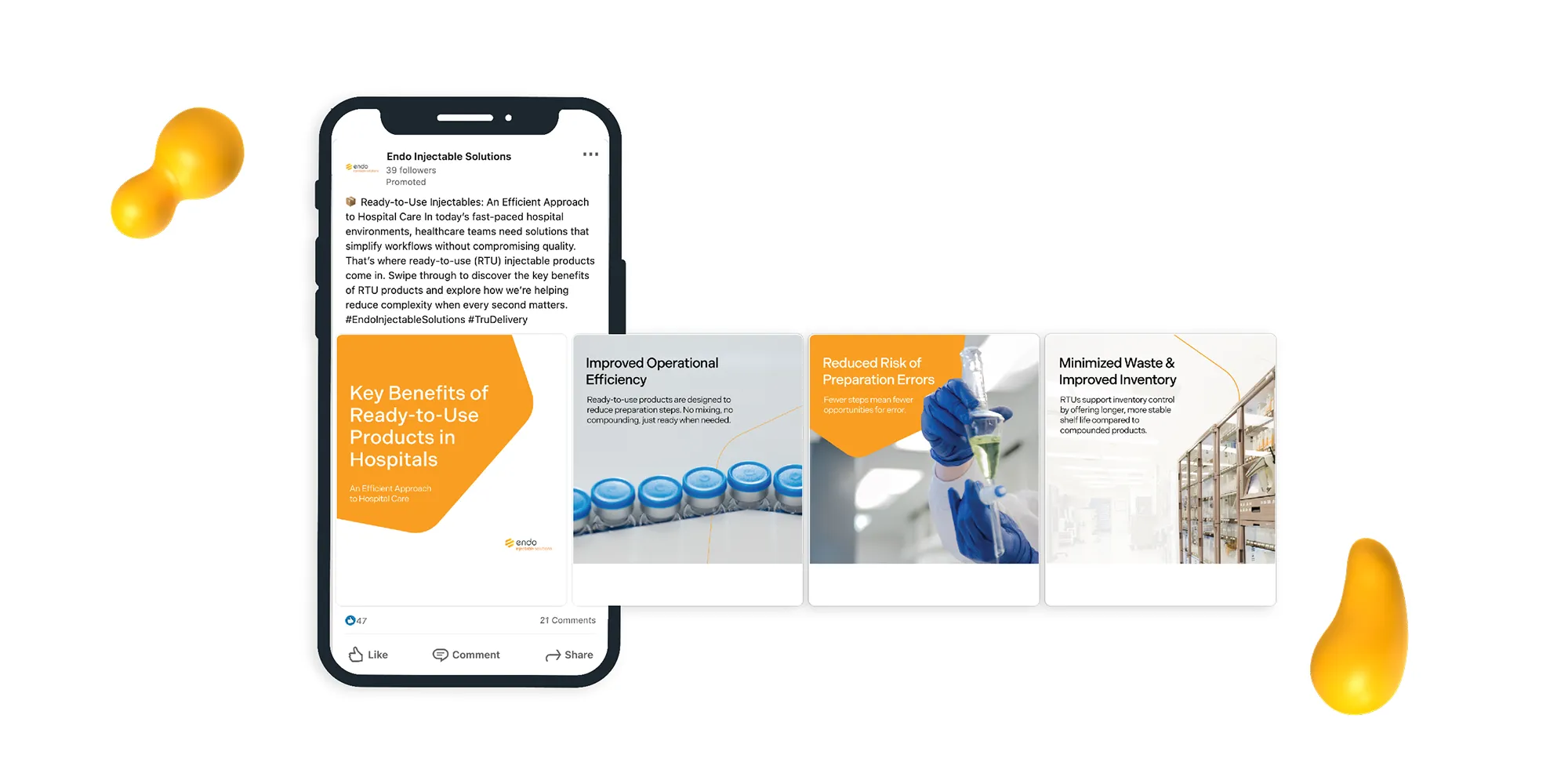 Endo Injectable Solutions Ready-to-Use injectables LinkedIn carousel.