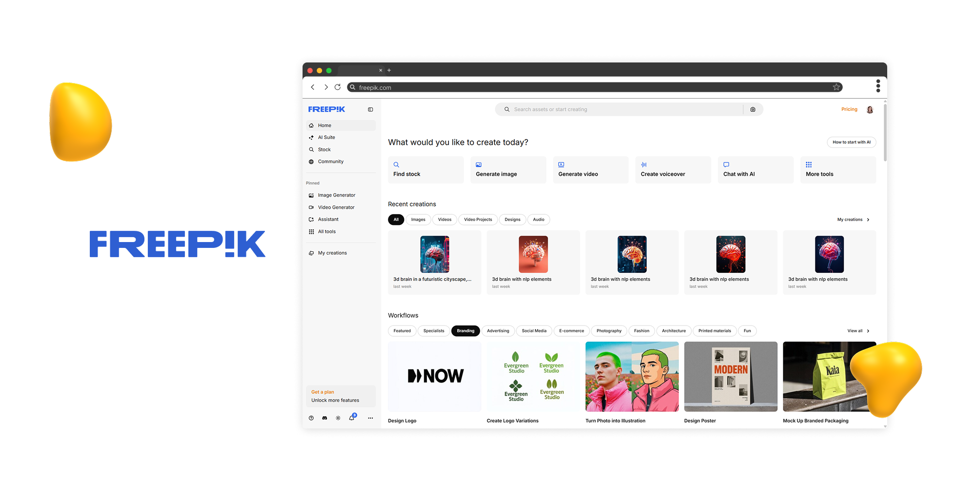 Freepik dashboard screenshot showing AI tools to generate images, create videos, design mockups, and recent graphic design creations.