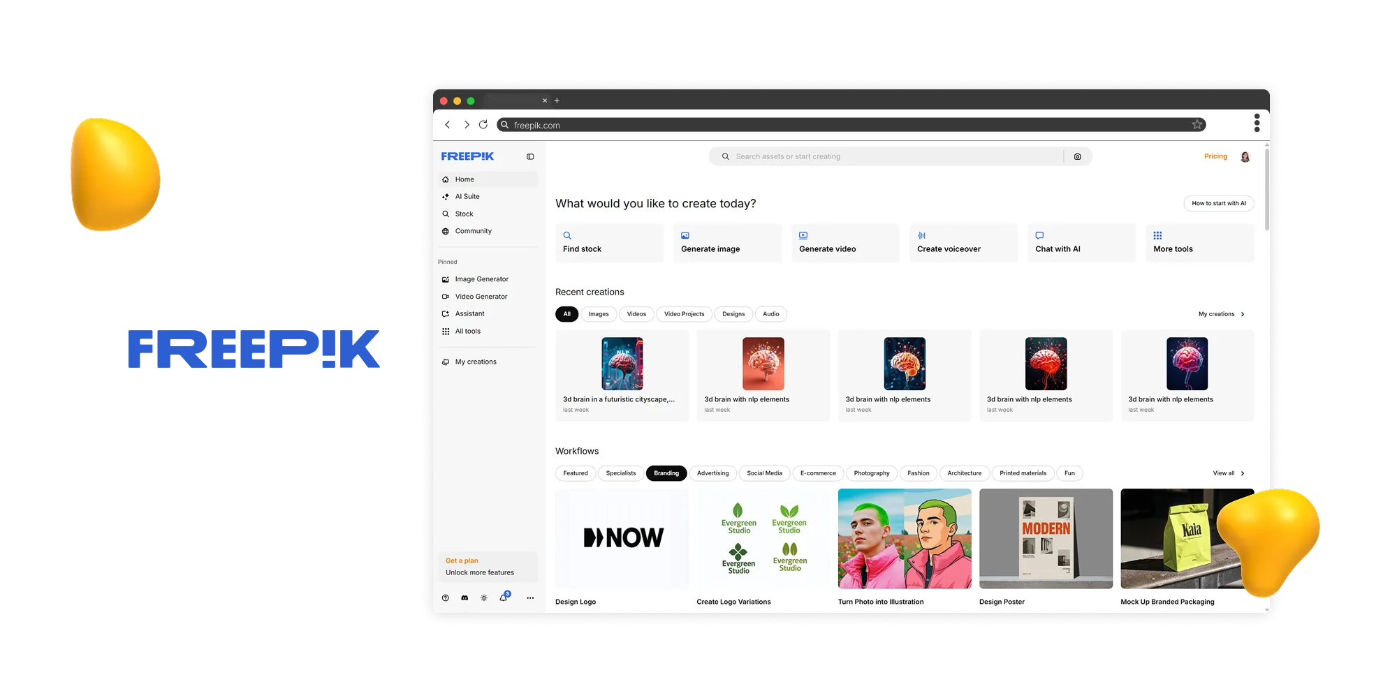 Freepik dashboard screenshot showing AI tools to generate images, create videos, design mockups, and recent graphic design creations.