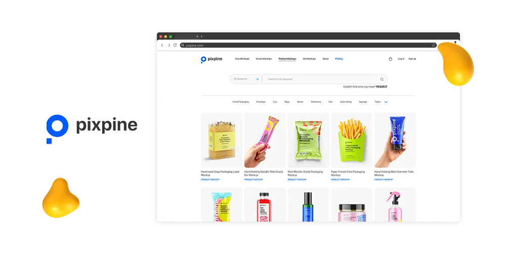 Pixpine website screenshot displaying product packaging mockups including hand-holding snack pouches, cosmetic tubes, and food packaging designs.