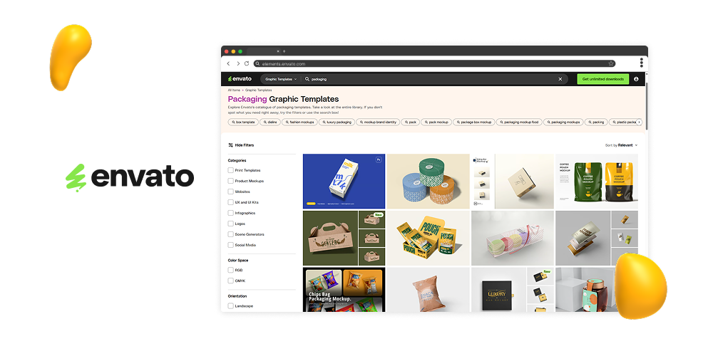Envato Elements screenshot of packaging graphic templates with mockups for boxes, pouches, bags, and product branding designs.