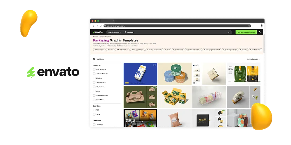 Envato Elements screenshot of packaging graphic templates with mockups for boxes, pouches, bags, and product branding designs.