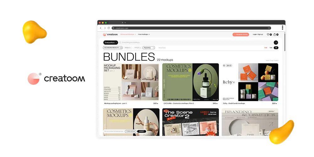 Screenshot of Creatoom’s website showcasing bundles of packaging mockup templates, including cosmetics, branding, and box mockups.