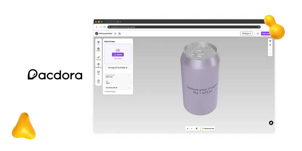 Interface of Smartmockups mockup generator showing a 3D soda can where users can upload their design for realistic previews.