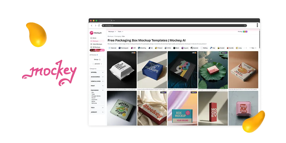 Mockey AI website displaying free packaging box mockup templates in various styles, including beauty boxes, pizza boxes, and branding packaging.