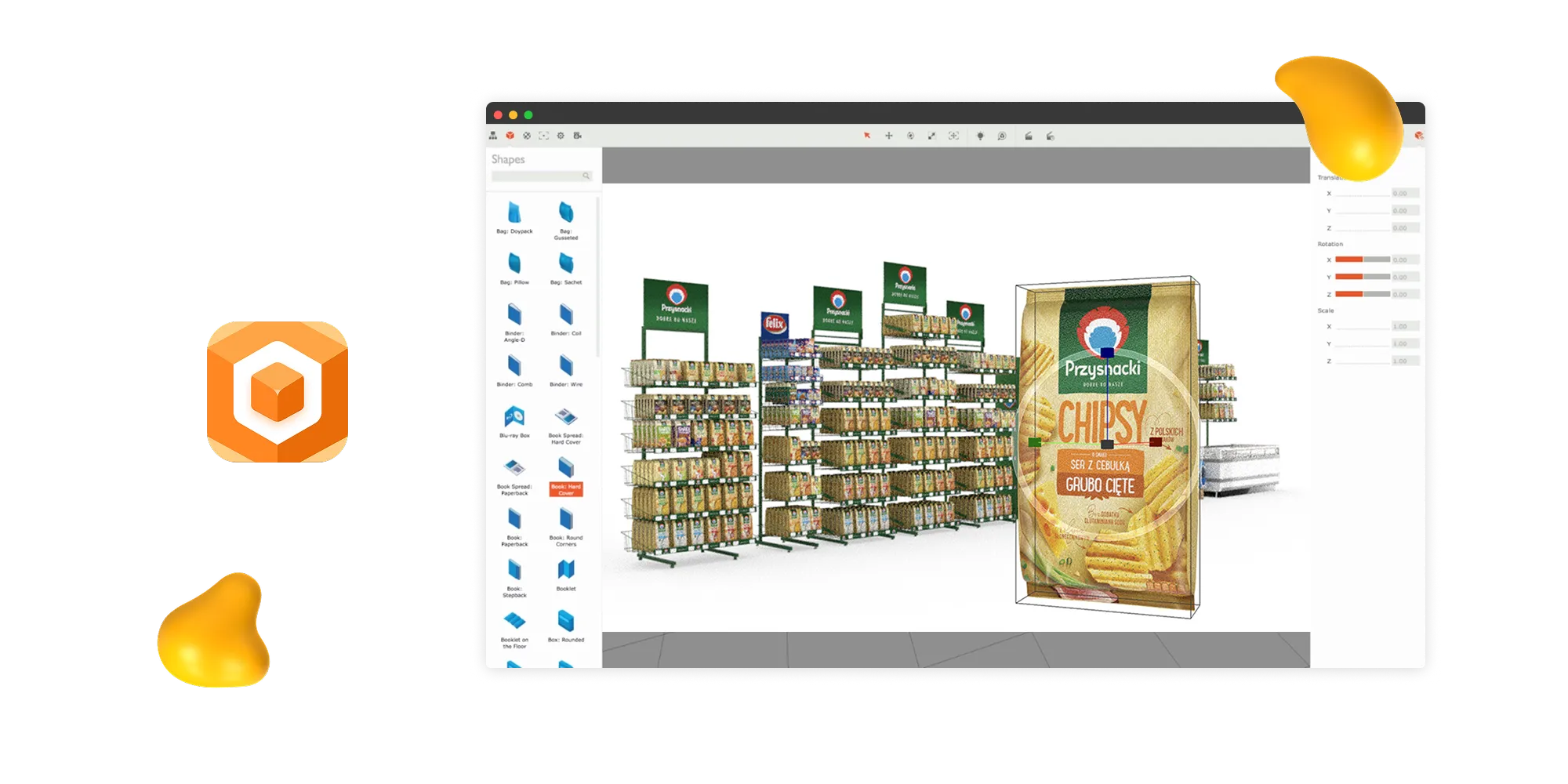 Boxshot software interface with a realistic 3D rendering of a chips bag displayed on retail store shelves.