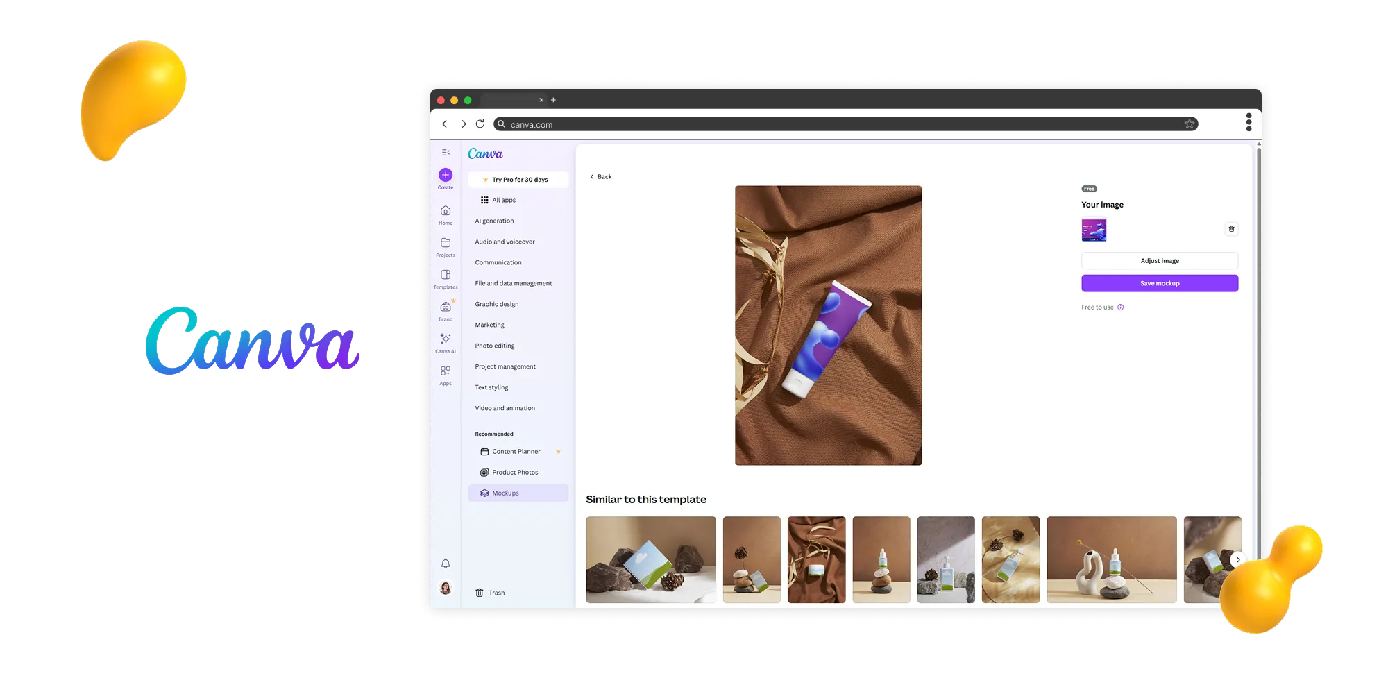 Canva editor showcasing a cosmetic tube mockup placed on a brown fabric background with options to save or adjust the design.