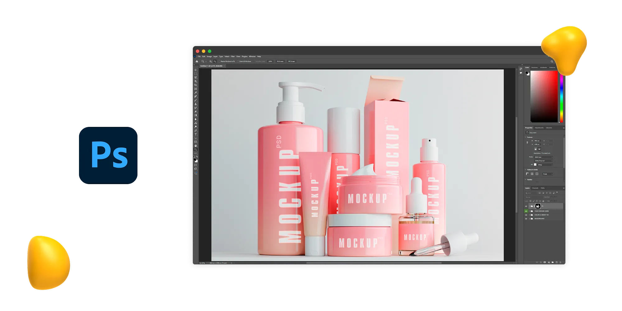 Adobe Photoshop workspace showing cosmetic packaging mockups including bottles, jars, and boxes arranged in a professional layout.
