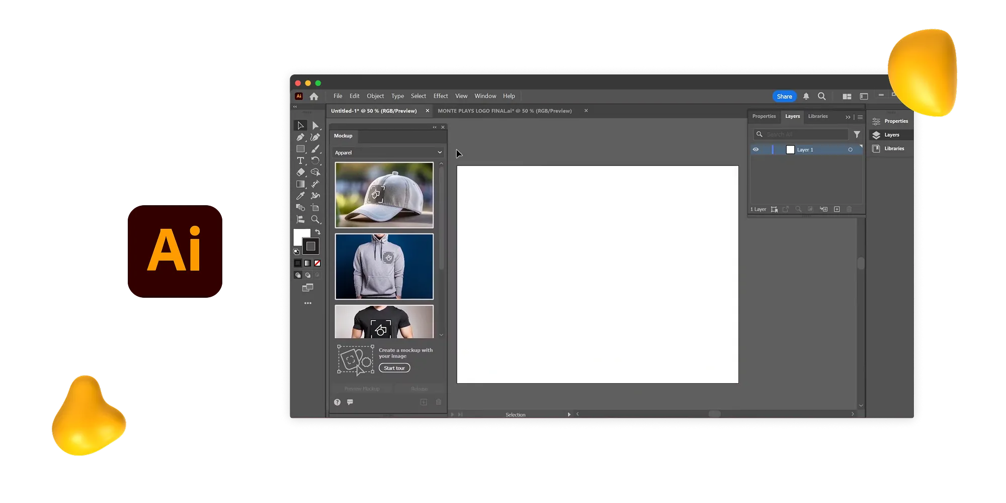 Adobe Illustrator interface with a blank artboard and apparel mockup options like caps, hoodies, and t-shirts ready for customization.