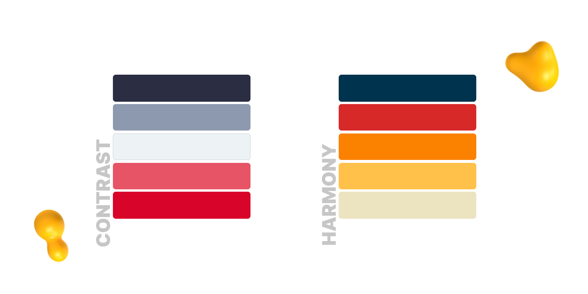 Contrast color palette with navy, gray, and red shades compared to harmony palette with navy, orange, and beige. Example of balanced color combinations in design.