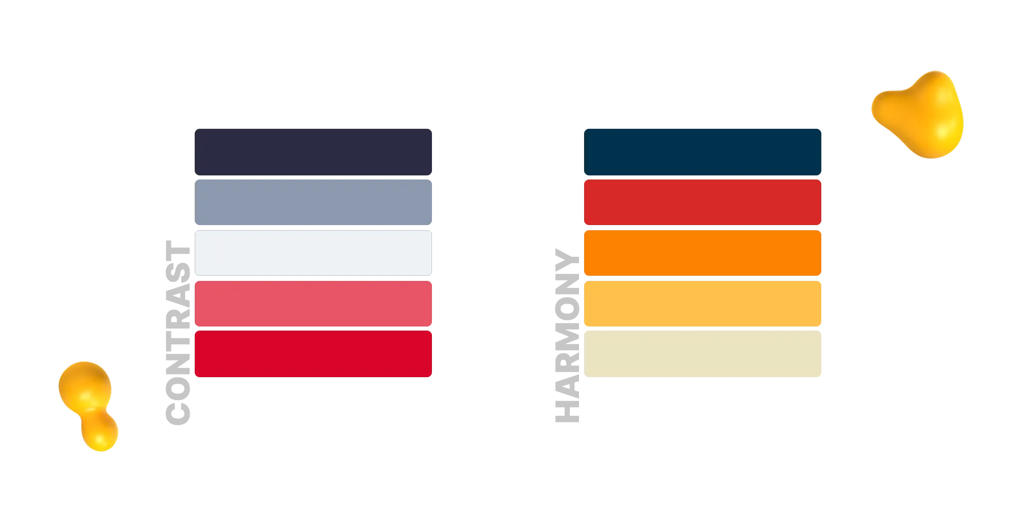 Contrast color palette with navy, gray, and red shades compared to harmony palette with navy, orange, and beige. Example of balanced color combinations in design.