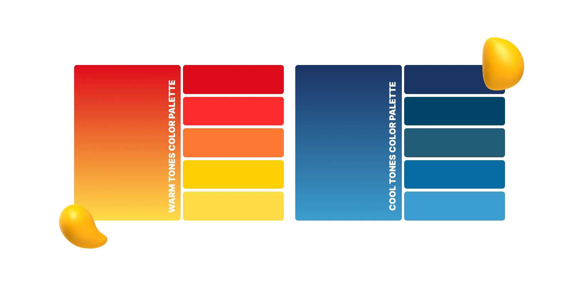 Warm and cool color palettes showing red, orange, and yellow tones on one side and blue shades on the other. Example of color combinations in design.