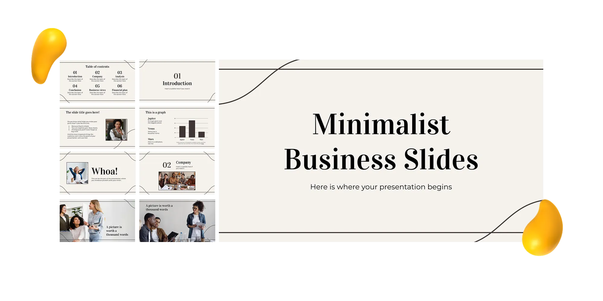 A clean Google Slides theme with black and white tones, simple typography, and light beige backgrounds