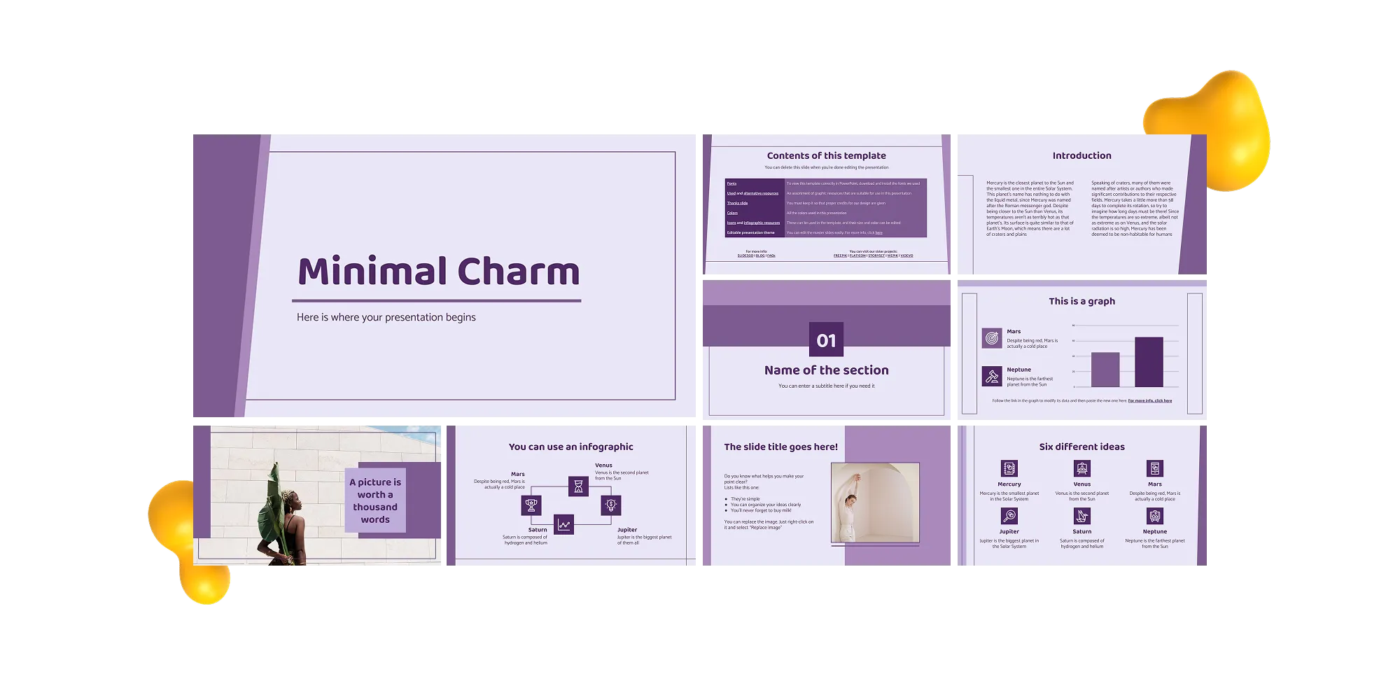 A purple-themed minimalist Google Slides template featuring simple section dividers, clean charts, and content blocks with modern geometric styling.