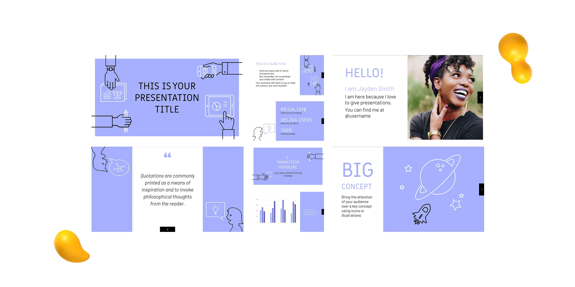 A fun and modern Google Slides template with light blue and white backgrounds, outlined illustrations of hands and icons, and playful typography