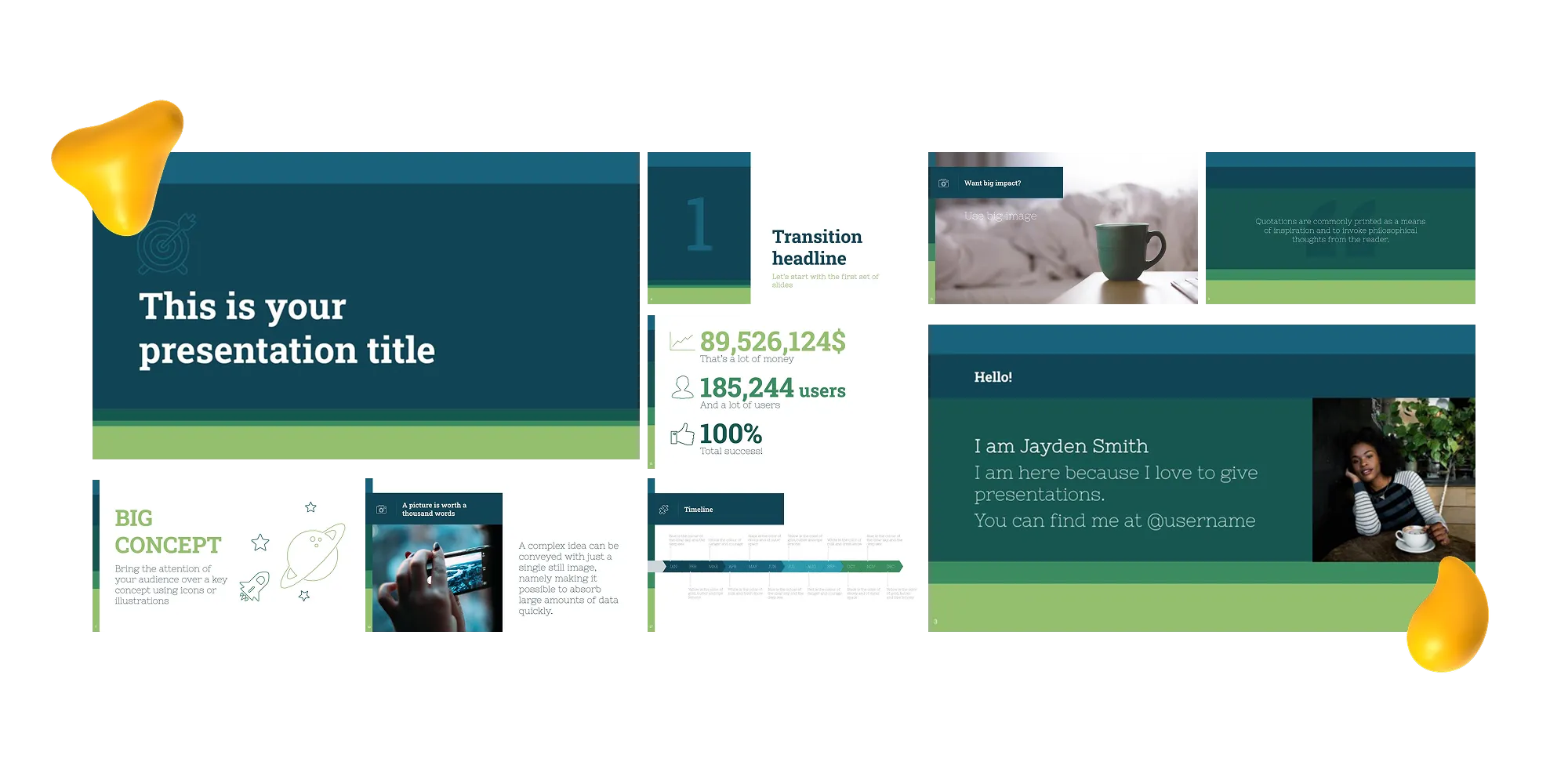 A structured Google Slides template with dark blue and green accents, bold section headers, and clear infographic elements
