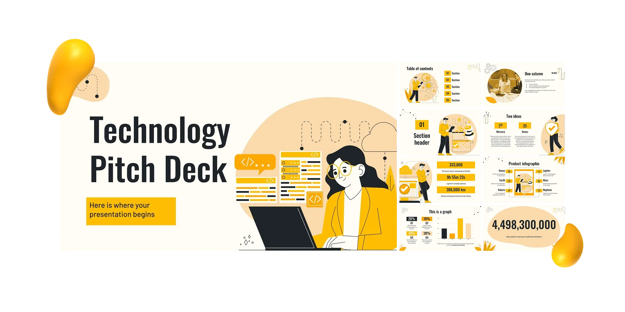 A yellow and white Google Slides template with flat design illustrations of people and computers, charts, and business-focused layouts