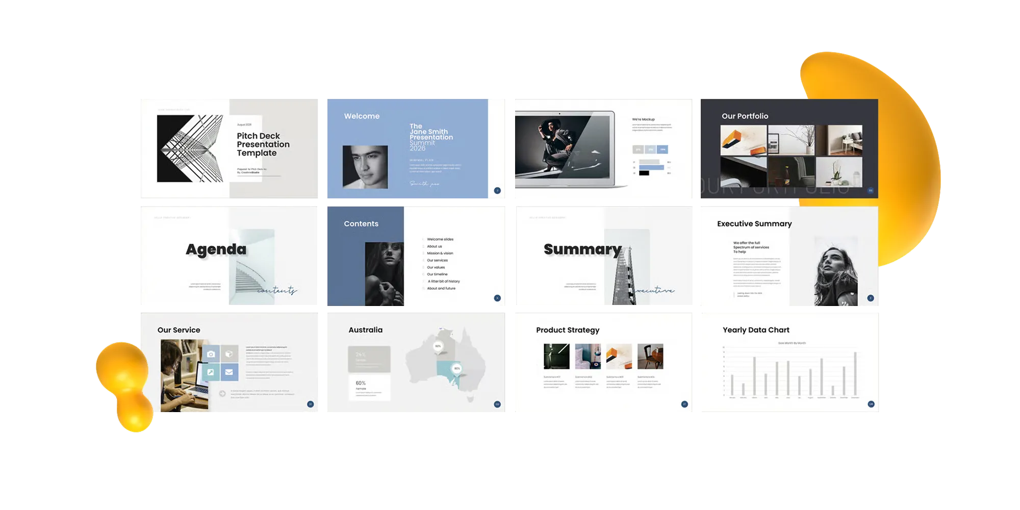 A sleek Google Slides template with monochrome photography, blue highlights, and minimalist layouts.