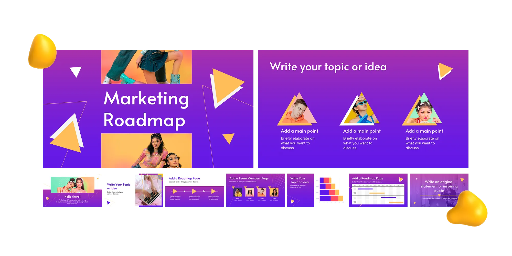 A colorful purple and orange Google Slides template with triangle shapes, bold layouts, and sections for team introductions, roadmaps, and marketing strategies.