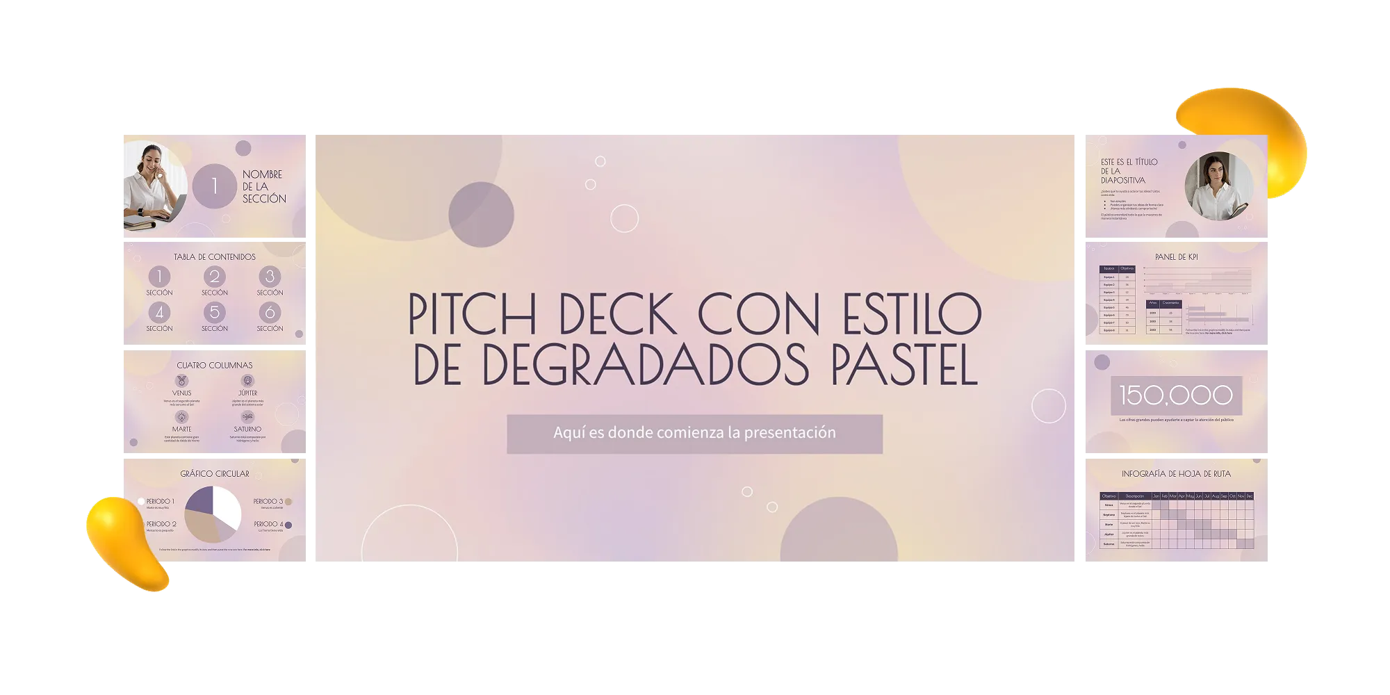 A soft, pastel-toned Google Slides template with gradient backgrounds, circular graphics, and elegant fonts