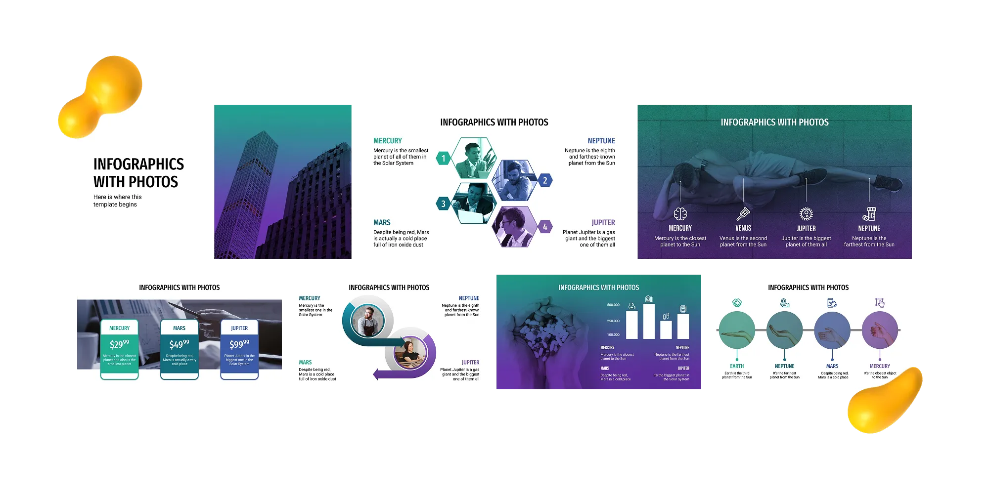 A visually engaging Google Slides template that combines real photography with infographic elements in blue, green, and purple tones.