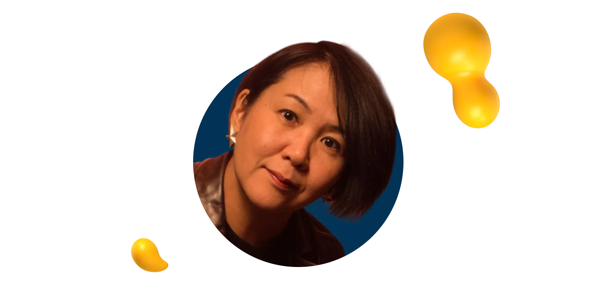 Portrait of Yuko Shimizu, Adobe MAX 2025 speaker and award-winning illustrator, against a dark background with yellow 3D shapes