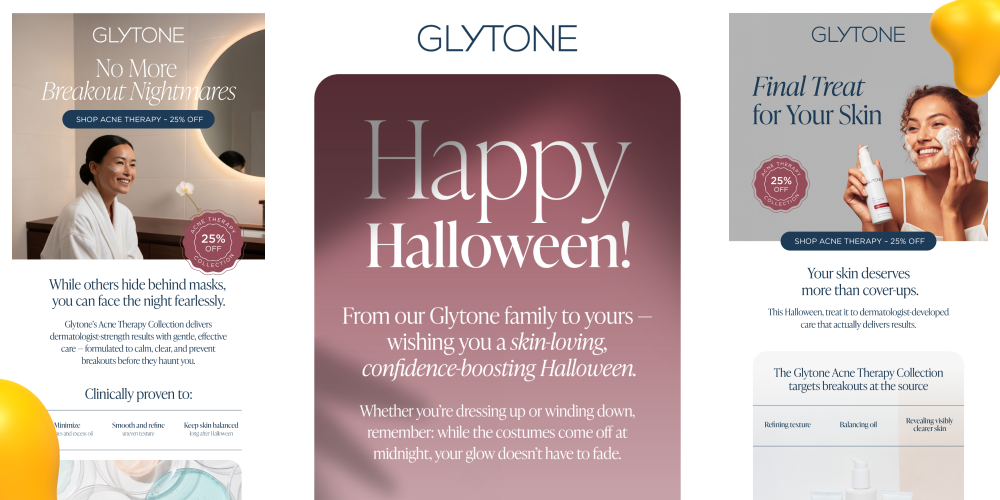 Glytone Halloween email campaign using festive skincare messaging and seasonal marketing visuals.