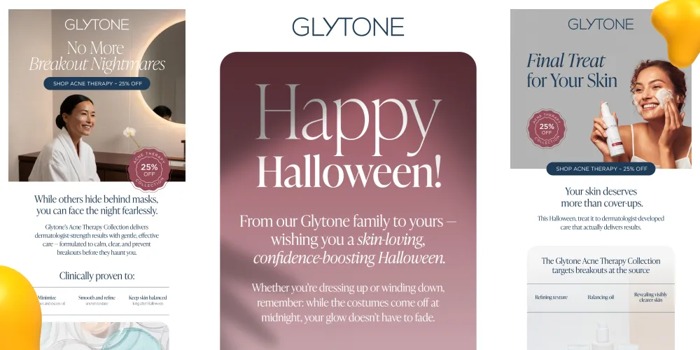 Glytone Halloween email campaign using festive skincare messaging and seasonal marketing visuals.