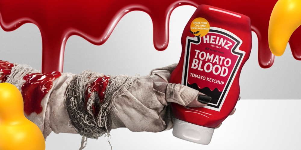 Heinz Tomato Blood Halloween marketing campaign featuring limited-edition ketchup bottle and spooky costume kit