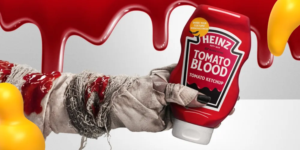 Heinz Tomato Blood Halloween marketing campaign featuring limited-edition ketchup bottle and spooky costume kit