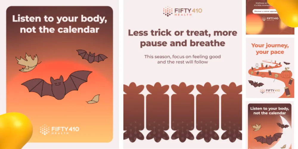 Wellness brand Halloween social media campaign promoting mindful living with cute bat illustrations