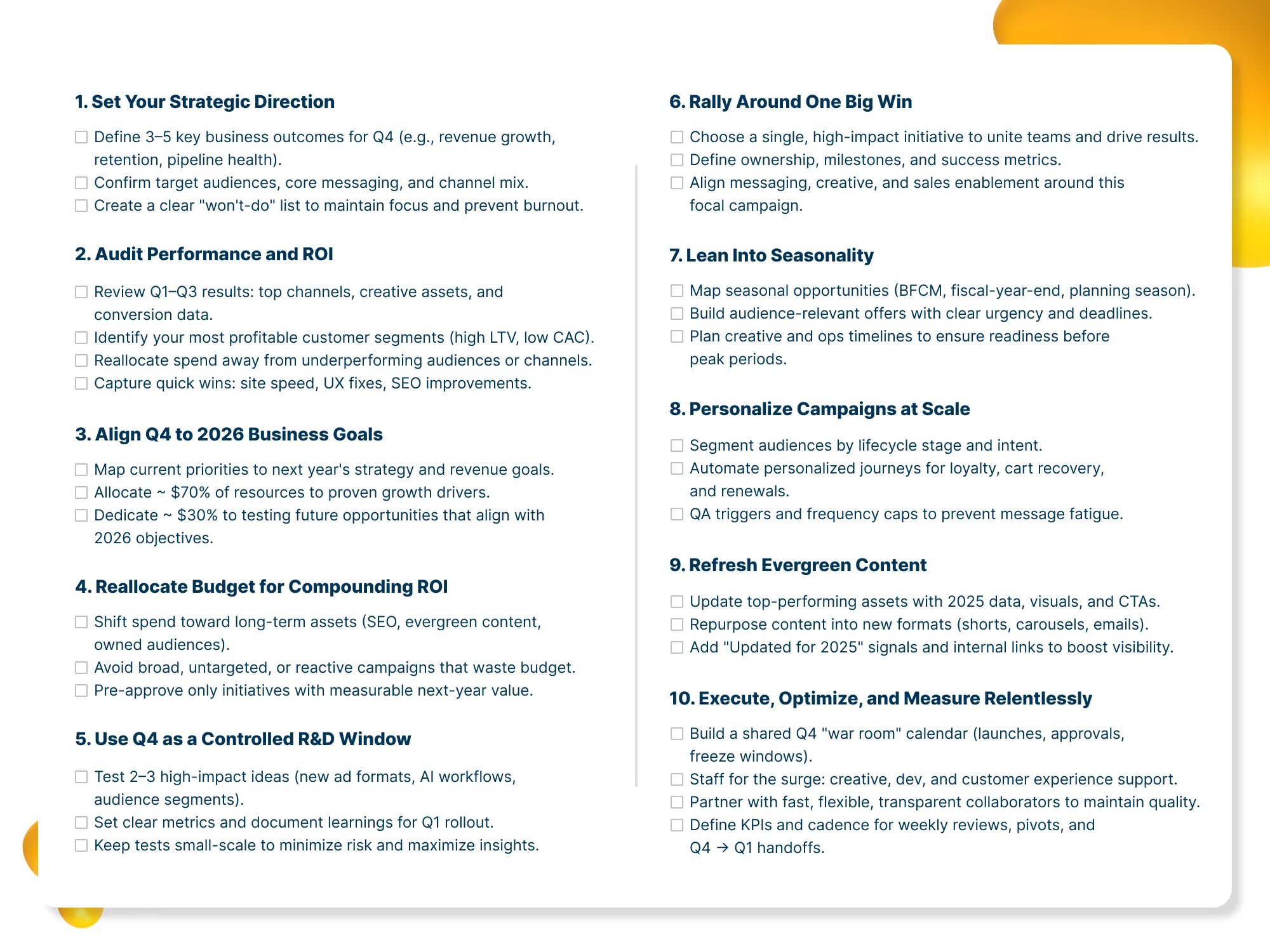 Checklist graphic outlining 10 Q4 marketing priorities, including strategic planning, auditing performance, aligning goals, reallocating budget, testing ideas, focusing on one key initiative, using seasonality, personalizing campaigns, refreshing evergreen content, and improving execution