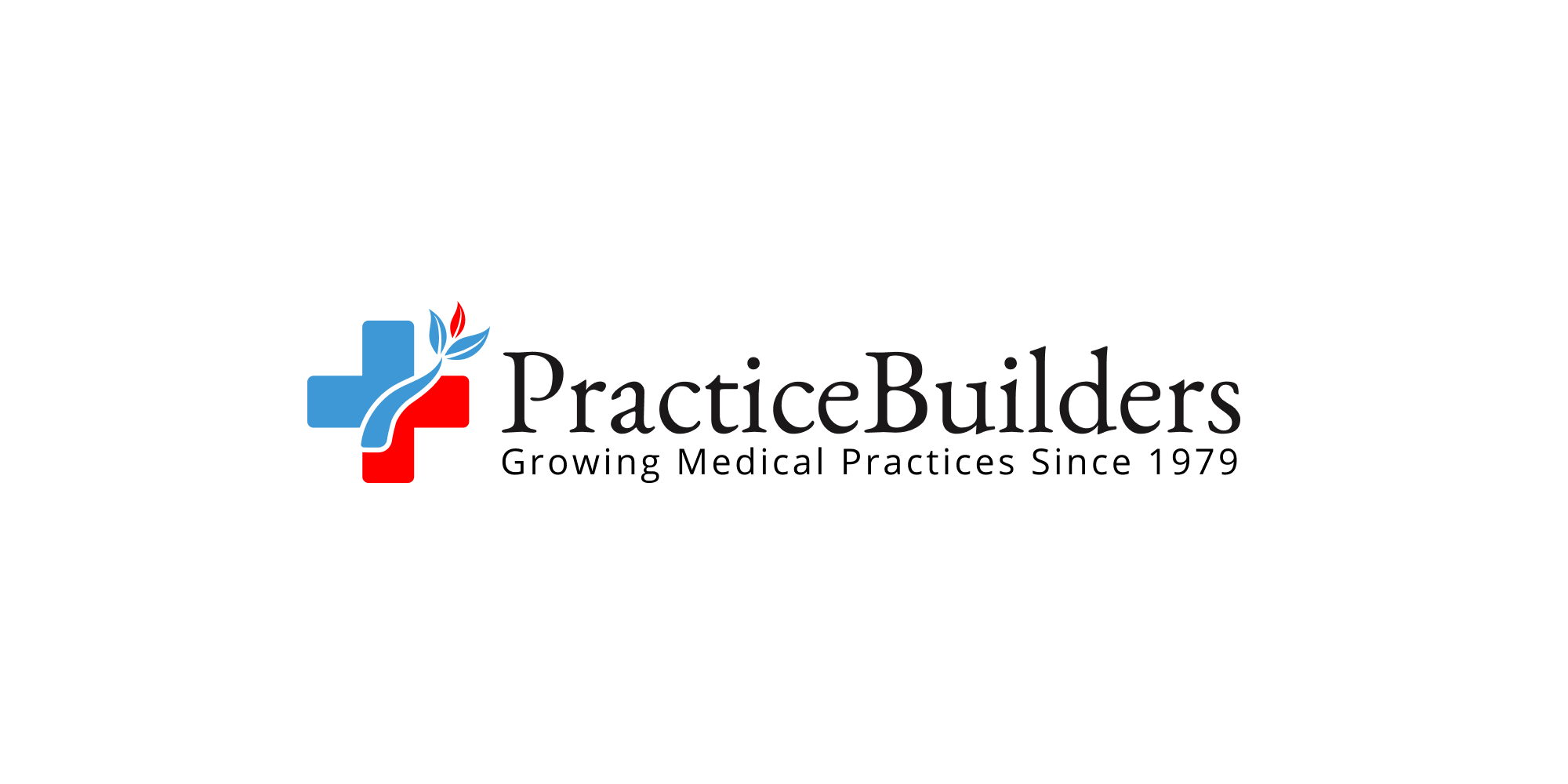 Practice Builders logo – Practice Builders logo with a red and blue cross and tagline “Growing Medical Practices Since 1979.”