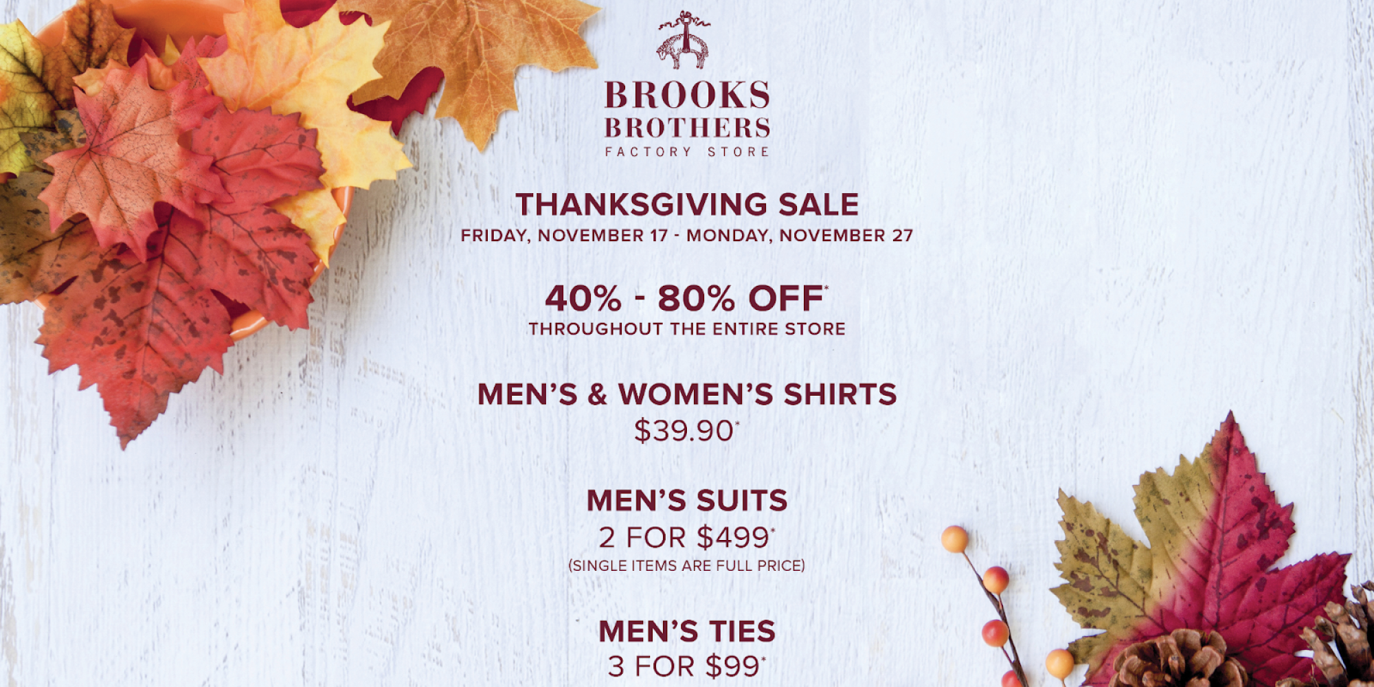 Brooks Brothers Thanksgiving sale promo offering storewide holiday discounts