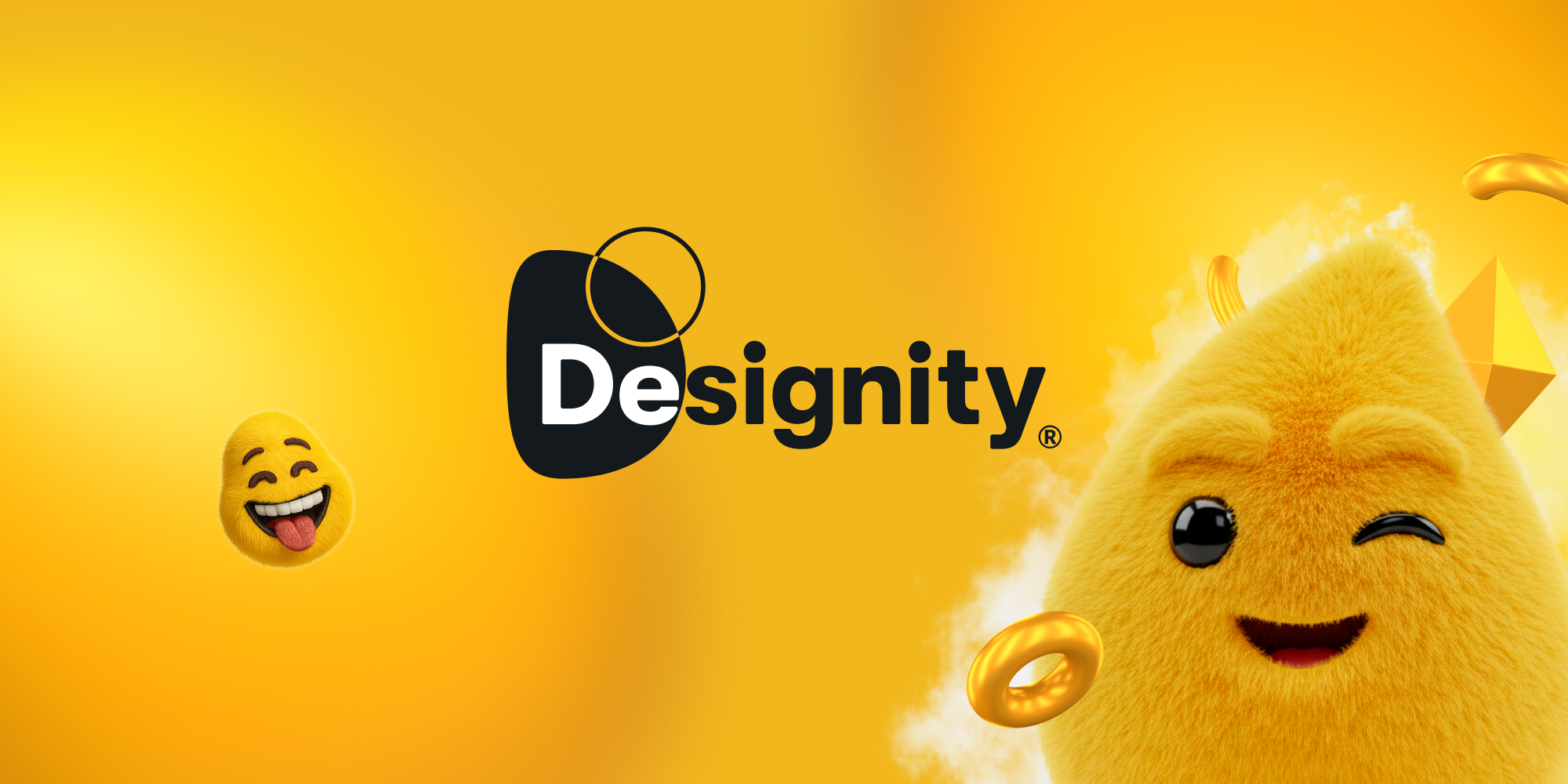 Designity Logo with mascot and emojis around it