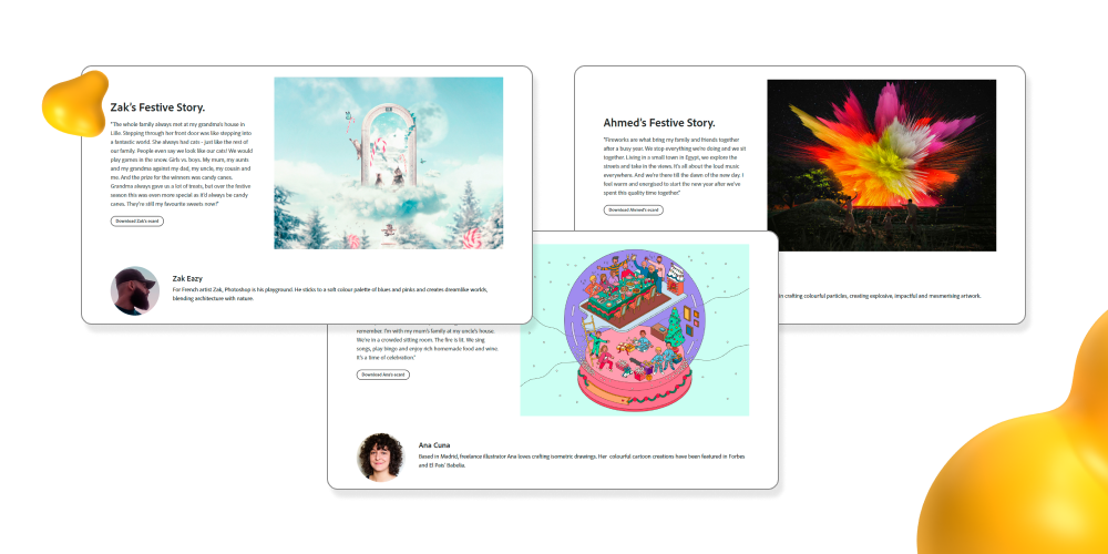 A collage of Adobe's 'My Festive Story' campaign showcasing designs and the designer's story and profile