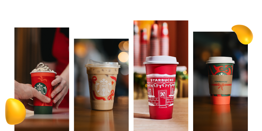 A collage of Starbucks' custom Christmas cups
