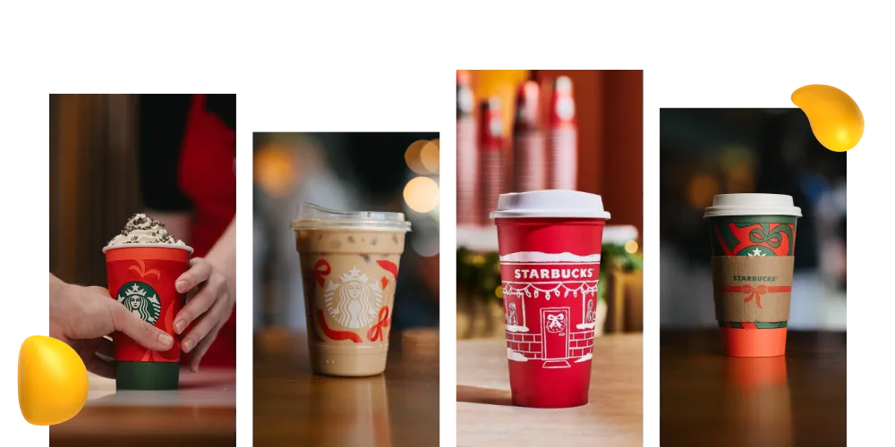 A collage of Starbucks' custom Christmas cups