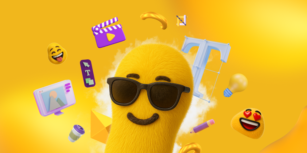 Designity mascot wearing sunglasses surrounded by creative icons, representing design, video, branding, and marketing services