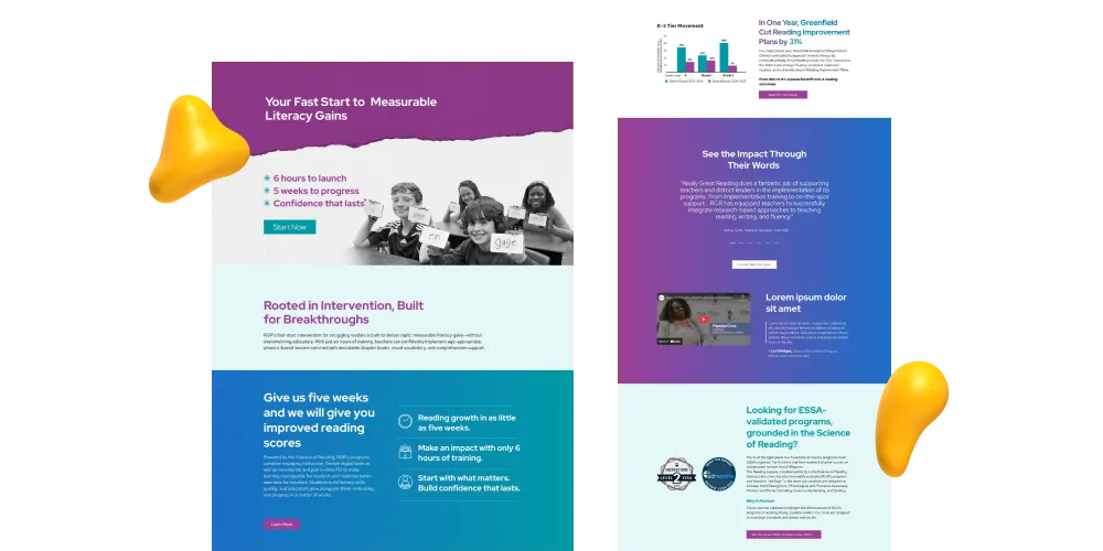 Redesigned Really Great Reading landing pages with keyword-aligned headlines, enhanced copy structure, and updated graphics.